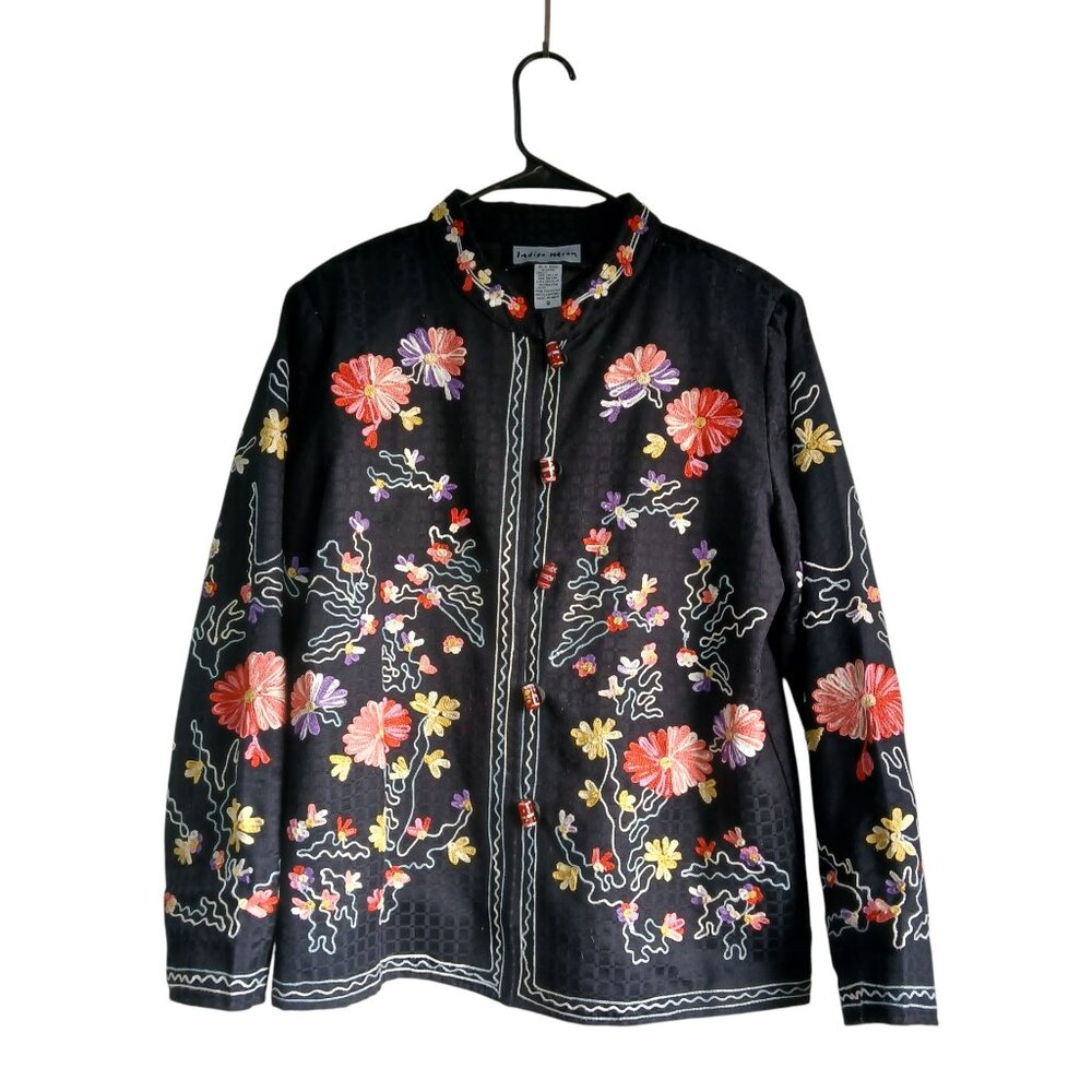 Vintage Indigo Moon Embroidered Floral Nehru Jacket with Glass Beads Size Small